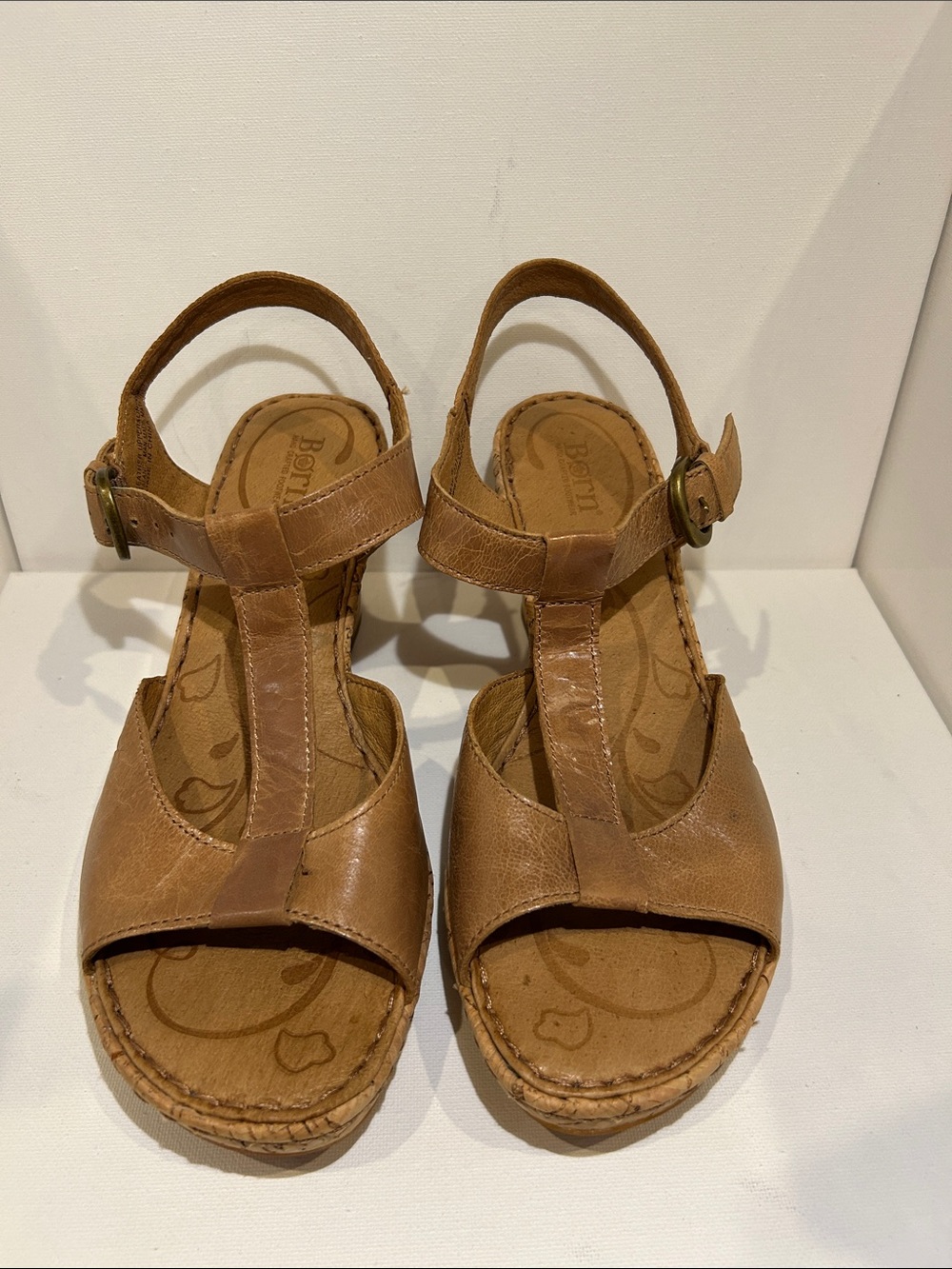 Born Mares Tan Leather T-Strap Wedge Sandals